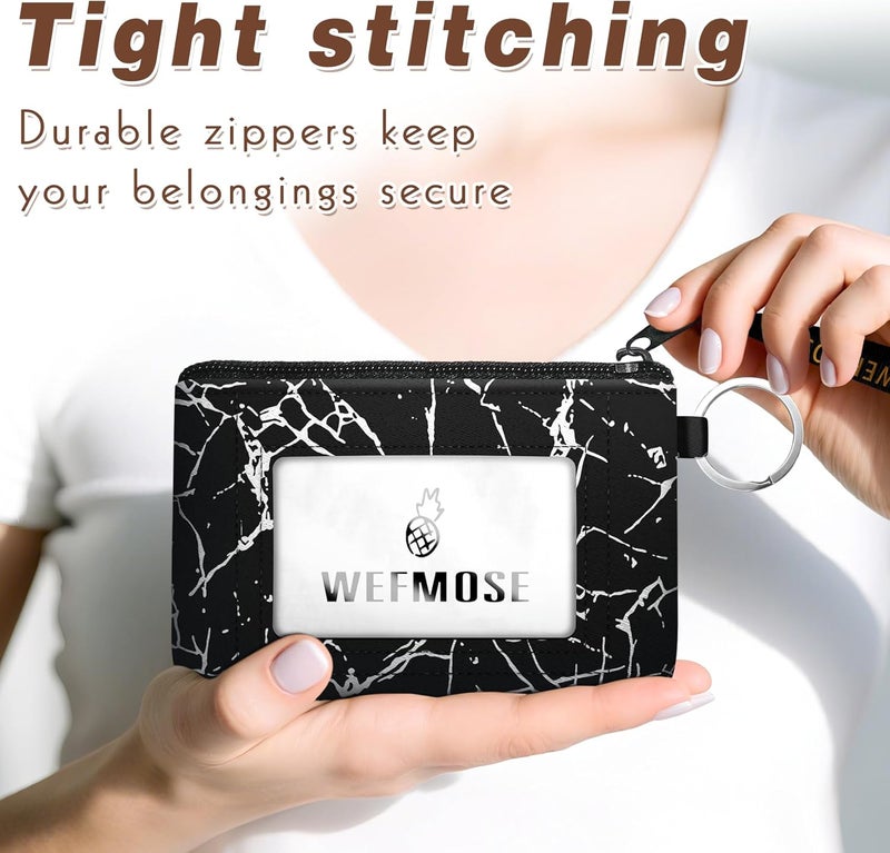 WEFMOSE Small Wallet Keychain with Clear ID Window Zipper Cute ID Case Coin Purse for Women Water Resistant Coin Pouch-Marble-Black Keychain Wallet - Image 4